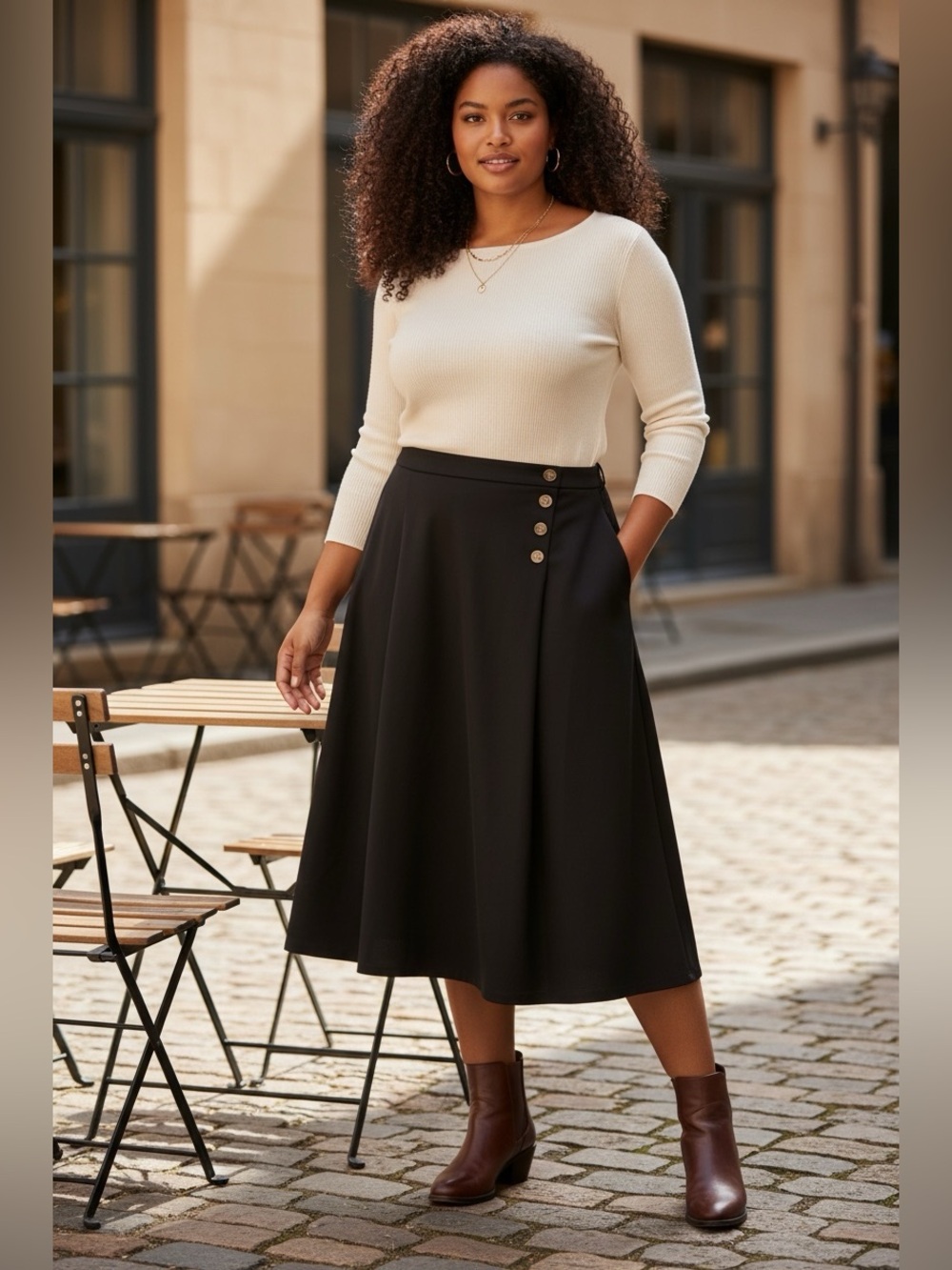 🫶🏻 CJ Banks Classic Black Midi Skirt with Button Detail 2X 20-22W